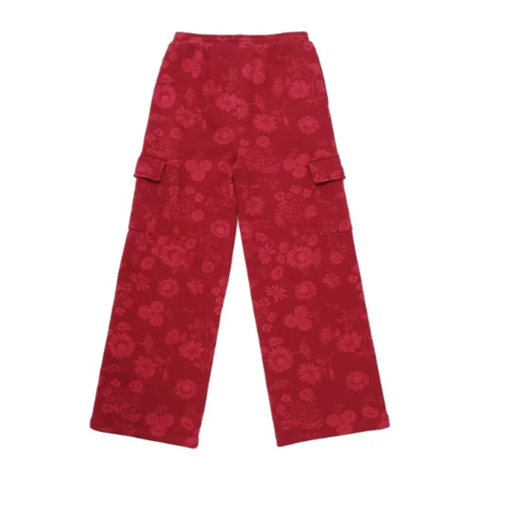 Gap Girls Sweatpants Red Floral Fleece Jogger Cargo Pockets Wide Leg L(14/16)